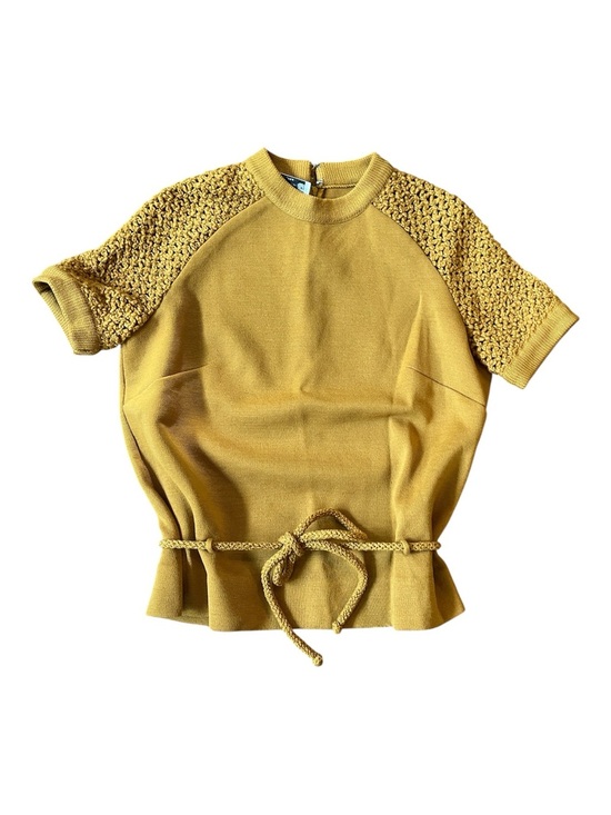 Dalton Sweaters - Dalton Vintage Short-Sleeve Virgin Wool Belted Sweater with crotchet sleeves 8